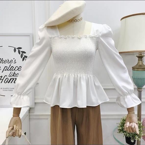 Áo nhún cổ vuông tay phồng