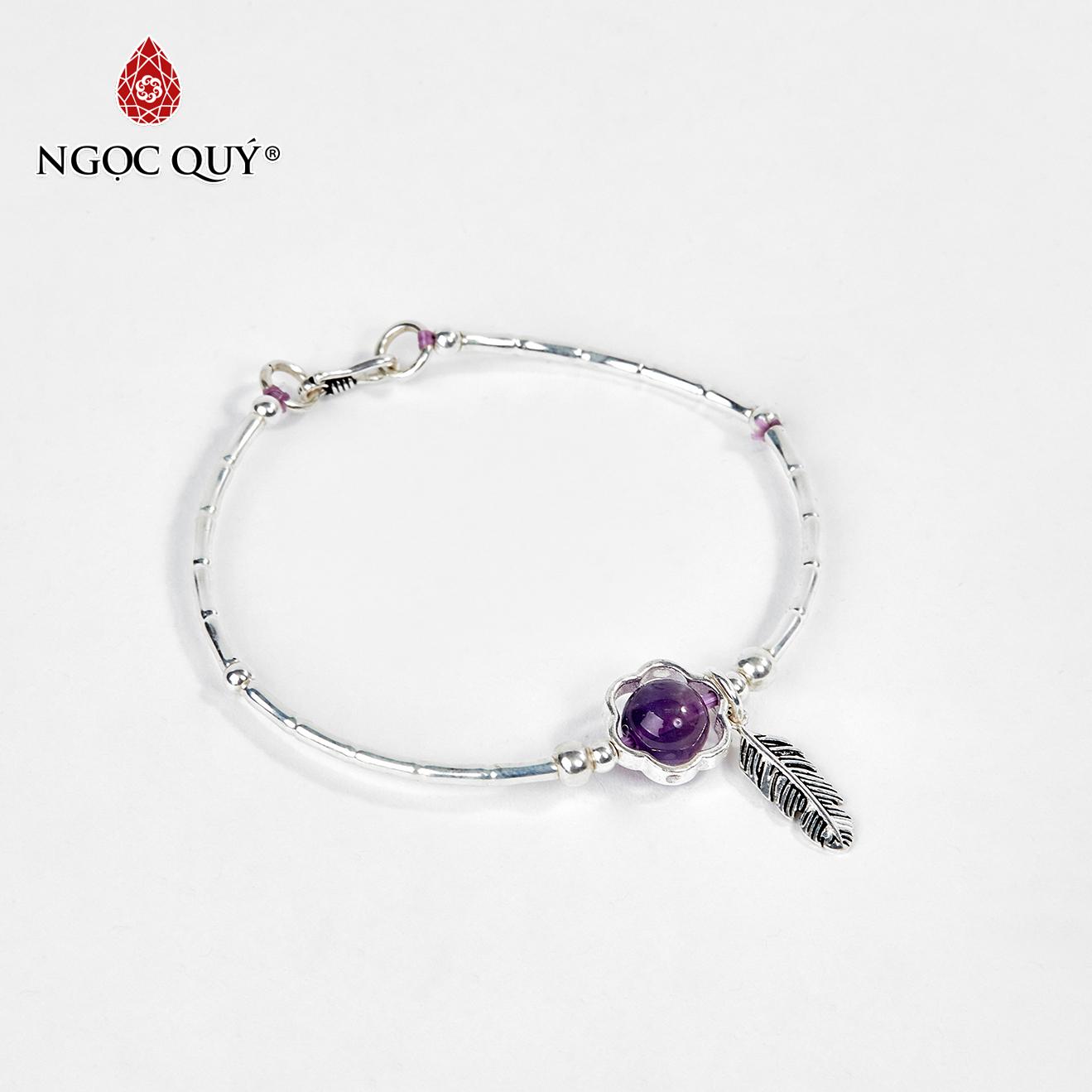 Vòng tay bạc hạt đá thạch anh tím charm lá 10mm mệnh hỏathổ - Ngọc Quý Gemstones