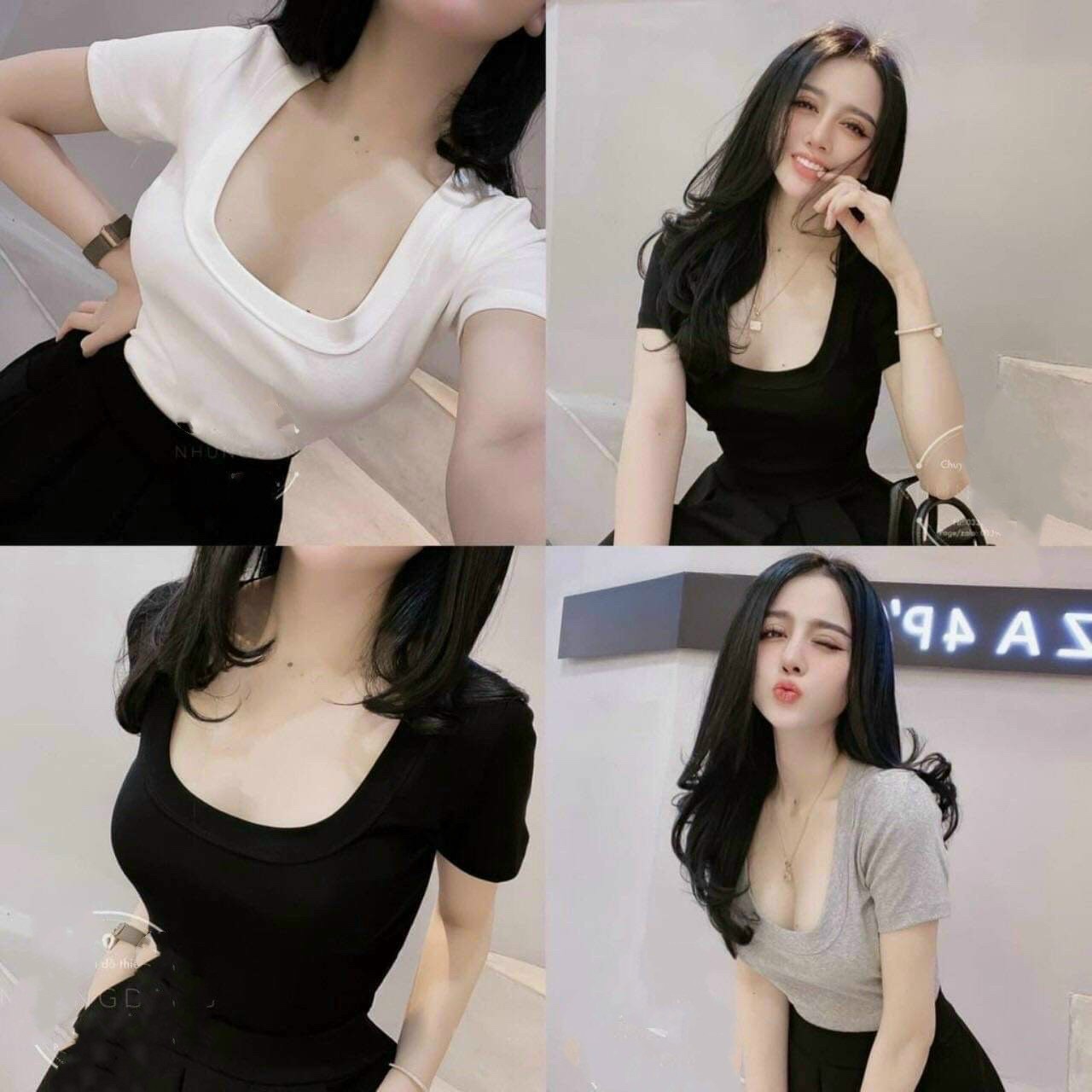 (ảnh thật) Áo phông cổ vuông chất bozip co giãn 4 chiều hàng đẹp