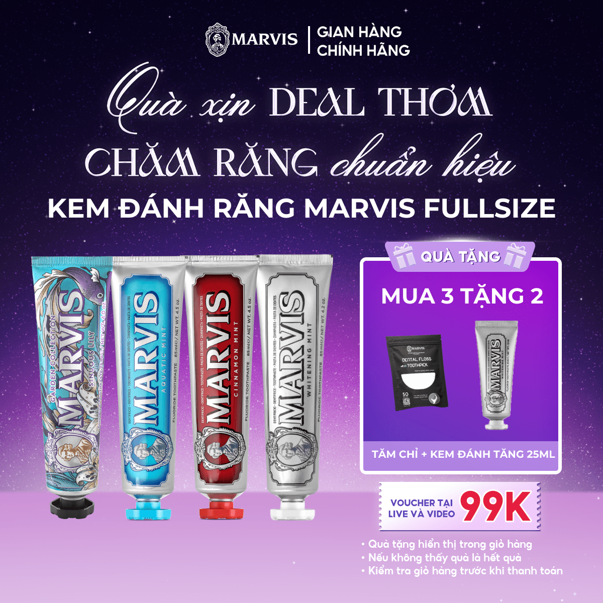 Combo 3 Tuýp Kem Đánh Răng Marvis Whitening Mint Fullsize 85ml
