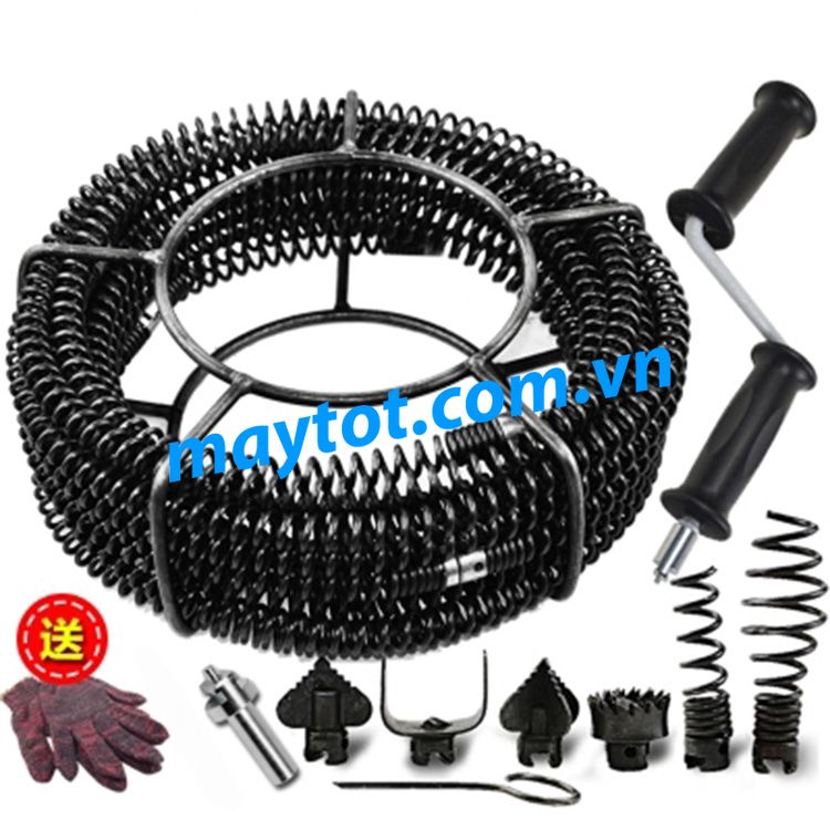 dây thông tắc cống lò xo dùng tay quay và máy khoan