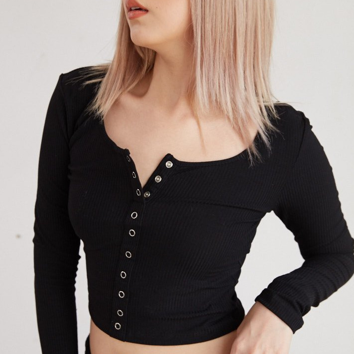 Áo thun nữ tay dài RYACTIVE -  BUTTON LONGSLEEVES Black