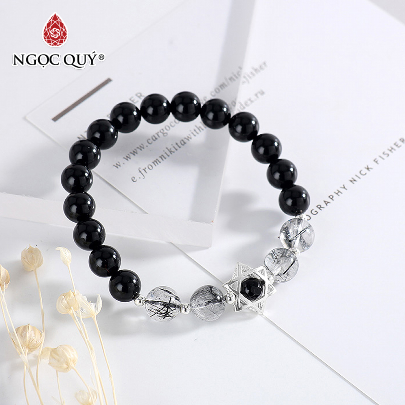 [HCM]Vòng tay đá Obsidian phối thạch anh tóc đen mệnh thủy mộc - Ngọc Quý Gemstones