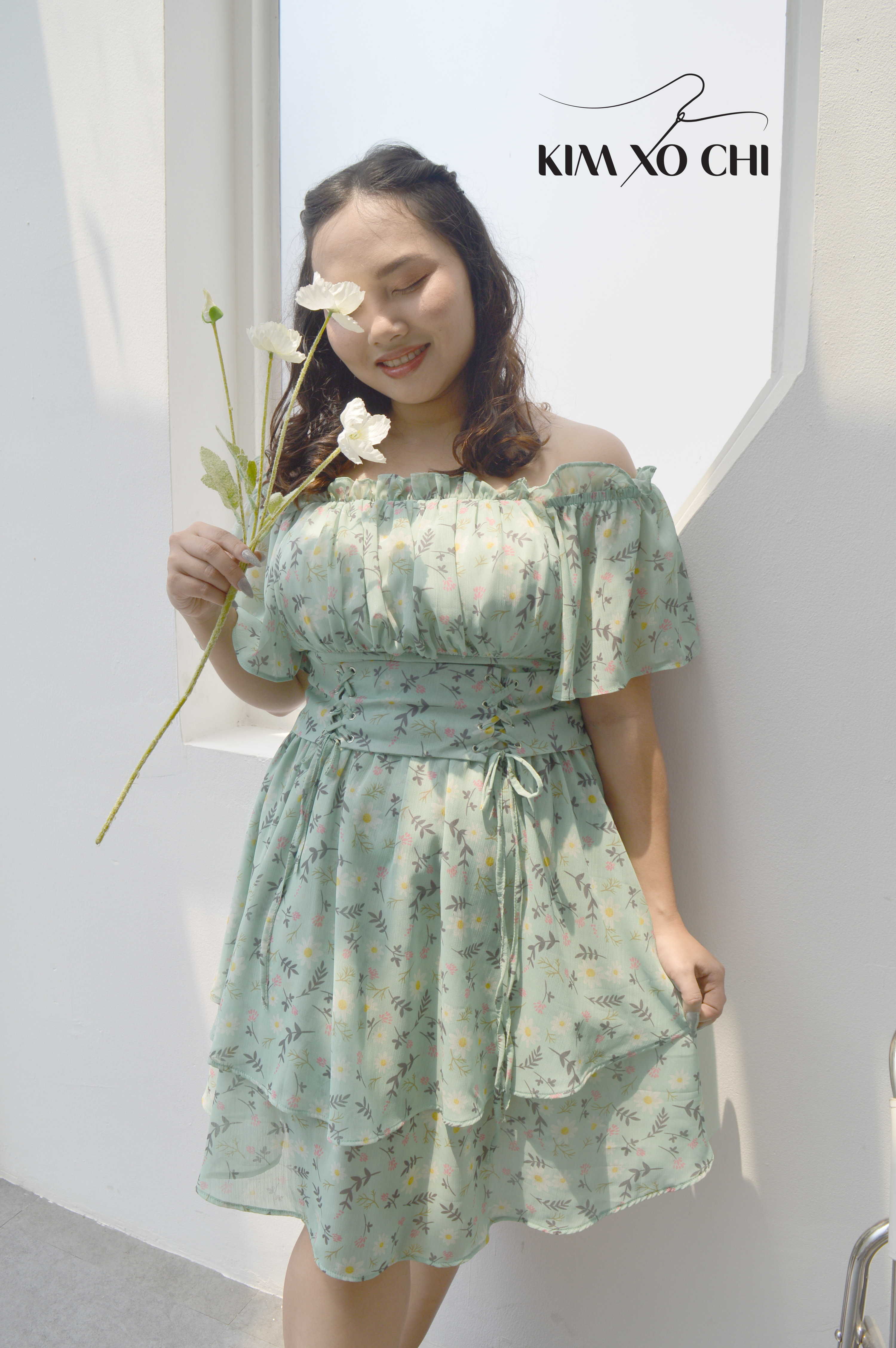 Đầm bigsize trễ vai họa tiết in hoa