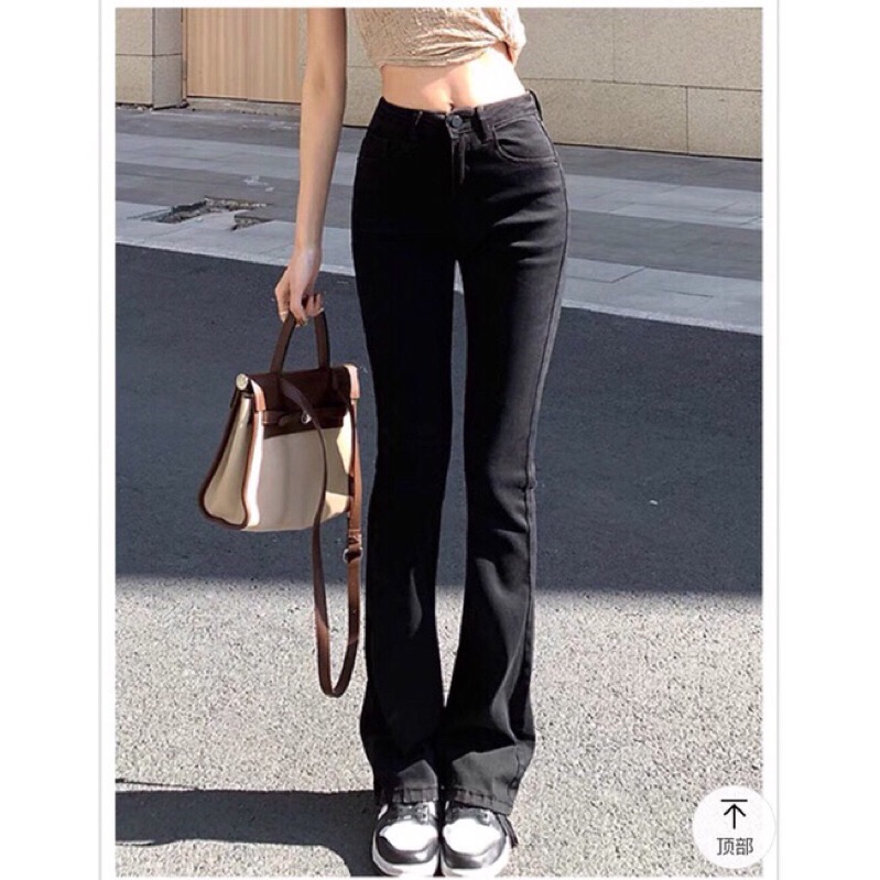 Quần jean nữ ống loe,quần bò loe cạp cao hack dáng chất jeans co giãn-MINXY SHOP