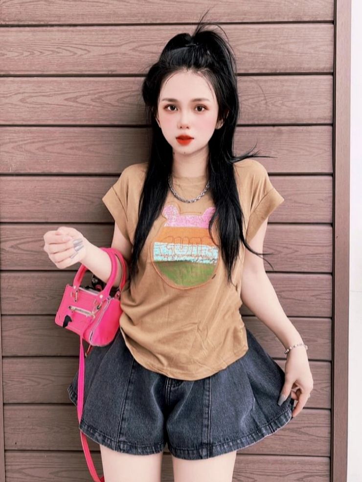 Áo thun Thái nữ dáng vừa phối chữ ( Mã CUTE phom vừa )