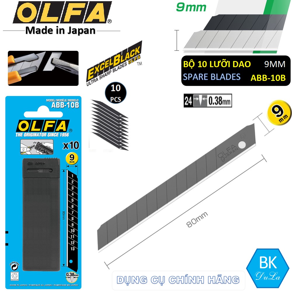 [Lưỡi dao Nhật] Bộ 10 Lưỡi dao cắt EXCEL BLACK ™ 9mm Nhật Olfa ABB-10B- Màu đen