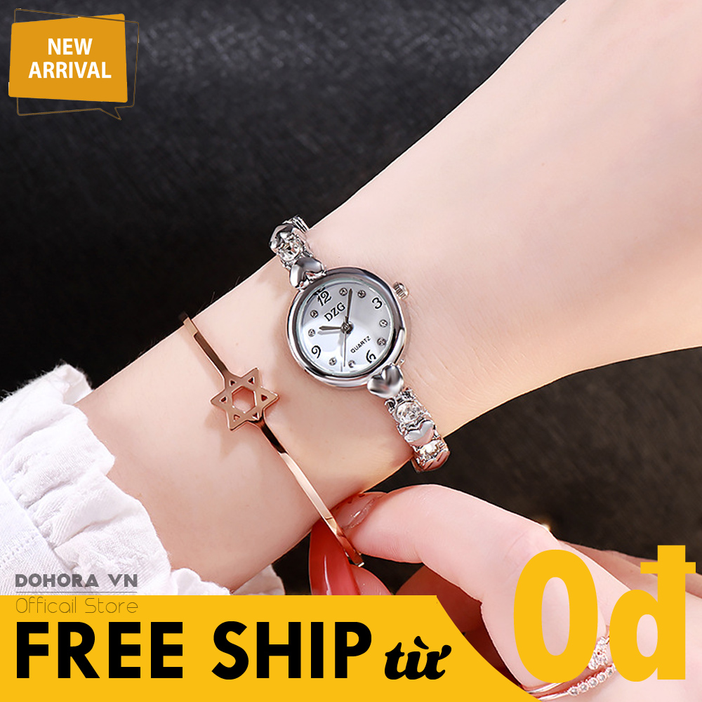 Đồng Hồ Quartz Thời Trang Nữ DZG D76, Mặt Tròn Số Chạy 3 Kim, Viền Thép Không Gỉ, Dây Kim Loại Cao Cấp Họa Tiết Trái Tim, Đính Đá Cực Sang Trọng (Bảo Hành 6 Tháng)
