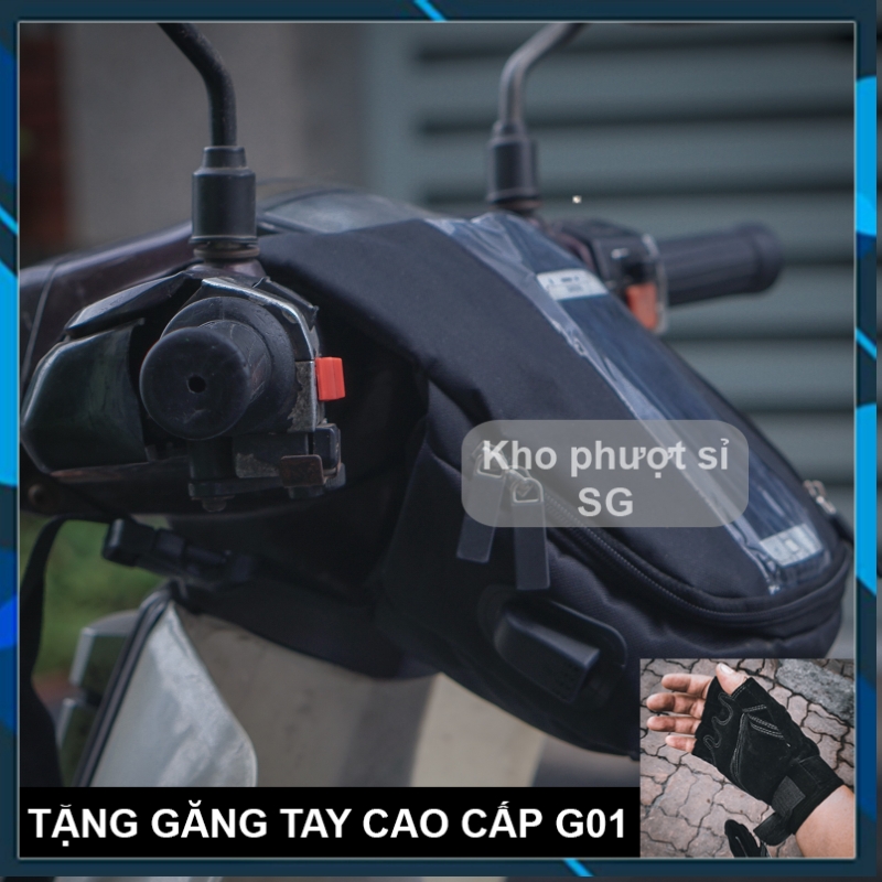 COMBO túi treo đầu xe máy đựng điện thoại chiều dọc có lỗ sạc pin kèm găng tay xe máy cụt SWAT G01 cao cấp