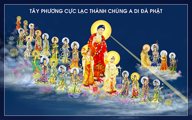 Tranh phật tây phương cực lạc thánh chúng a di đà phật 50 kèm khung