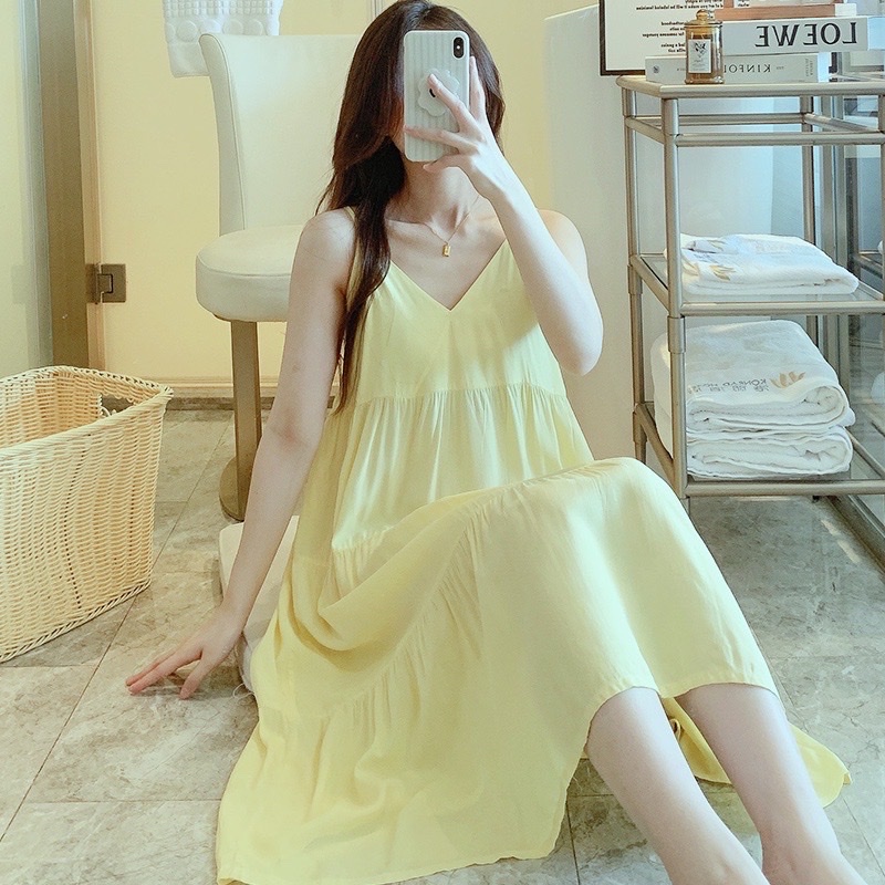 Váy Mặc Nhà - váy Ngủ ( váy 2 dây - 4 Tầng  ) chất liệu Lanh Lụa- mềm - mát