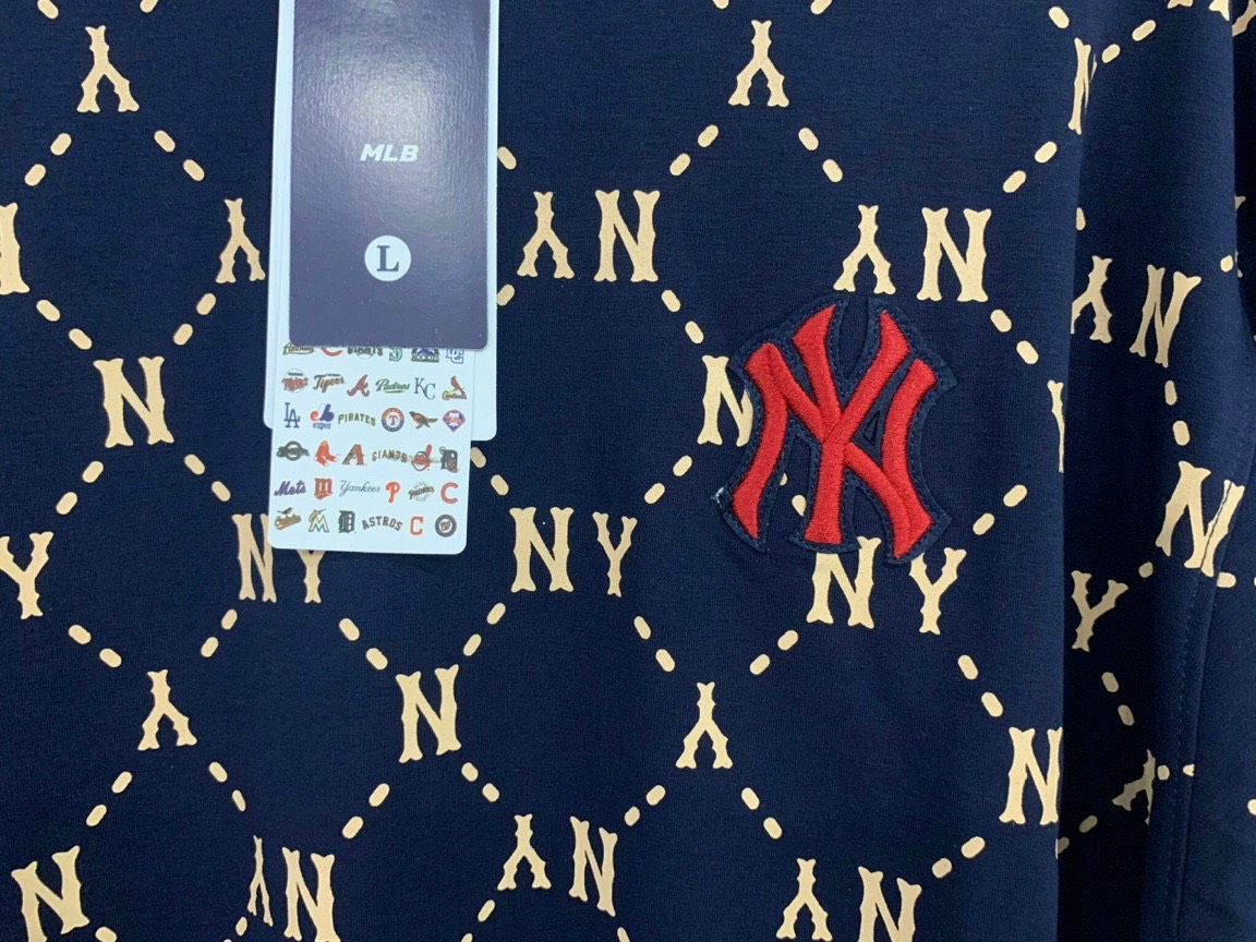 Áo thun nỉ sweater monogram NY MLB tay dài thun da cá