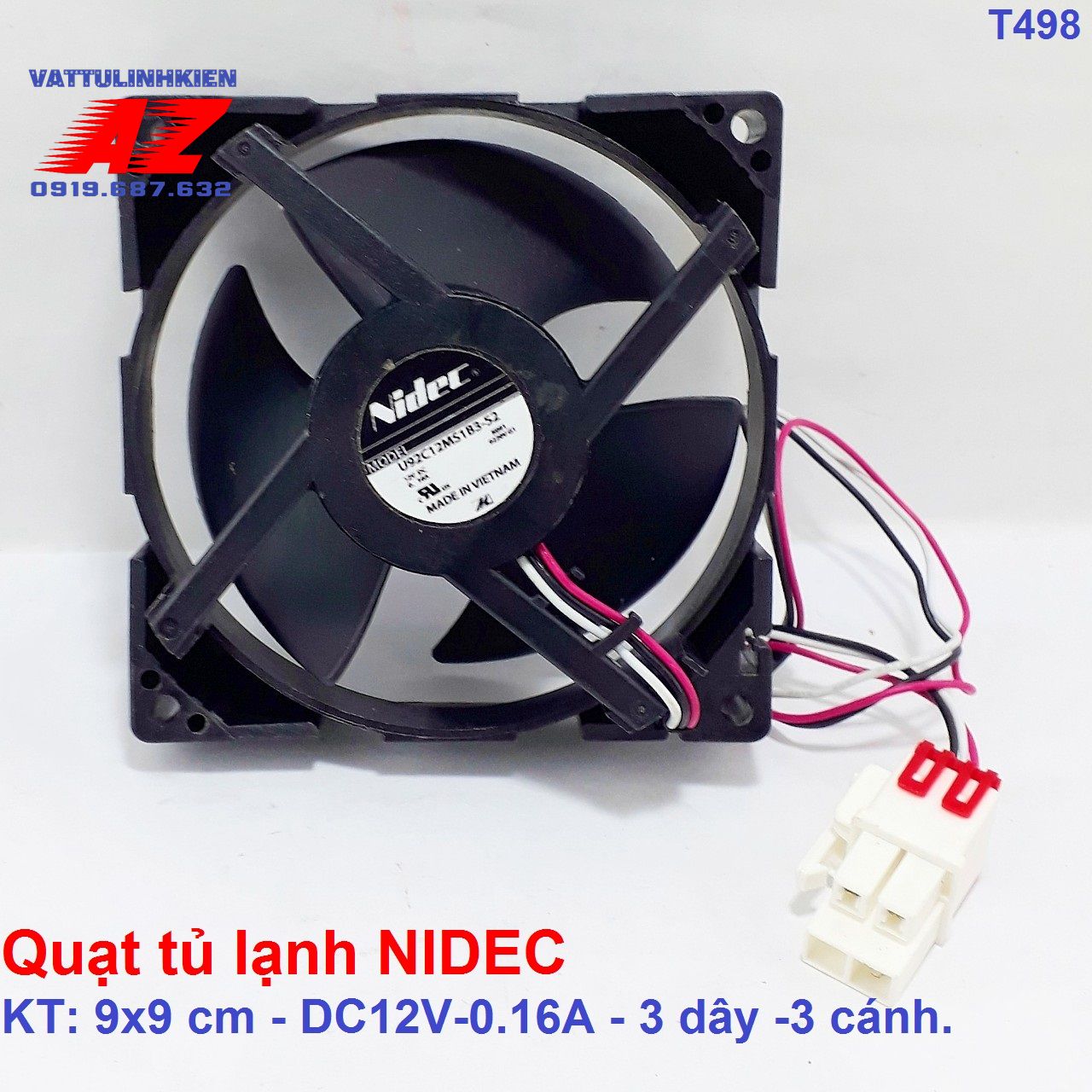 Quạt tủ lạnh 9cm x 9cm nidec dc12v-0.16a, 3 dây, 3 cánh.