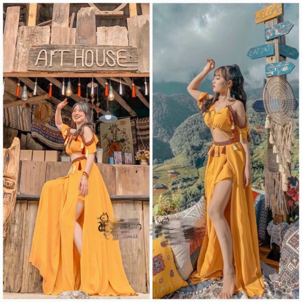 Đầm maxi thổ cẩm boho cao cấp vải đẹp [Hoàn Xu]
