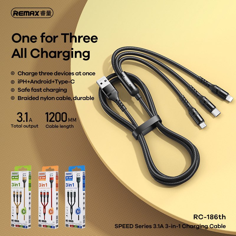 Cáp Sạc Remax 3 Đầu RC-186TH LIGHNING - MICRO USB - TYPE C Dây Dù