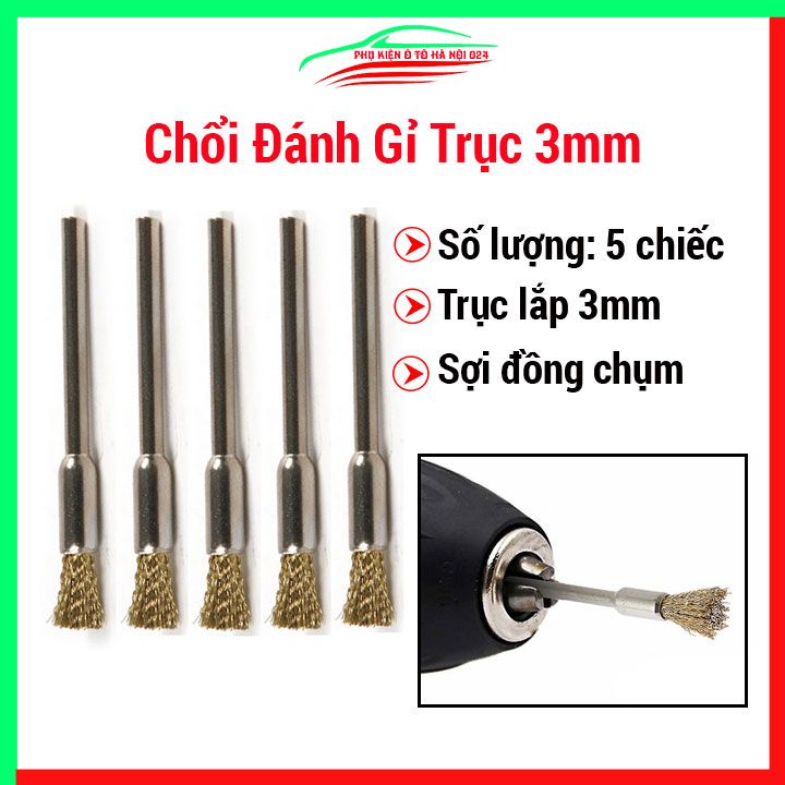 Bộ 5 chổi đánh gỉ sợi đồng trục 3mm đầu chụm cho máy khoan cầm tay