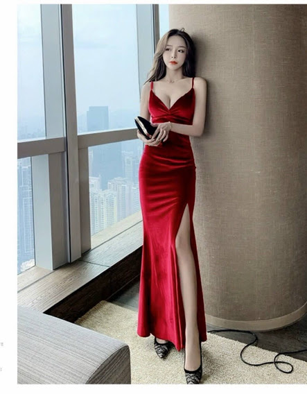 [HCM]ĐẦM MAXI NHUNG 2 DÂY XẺ TÀ