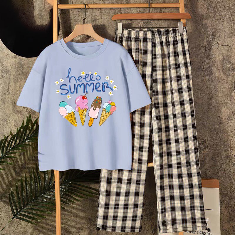 Sét Áo phông Hello Summer+ quần sọc karo, Áo phông from rộng, chất vải mát, thiết kế phong cách cá tính - PUDDING
