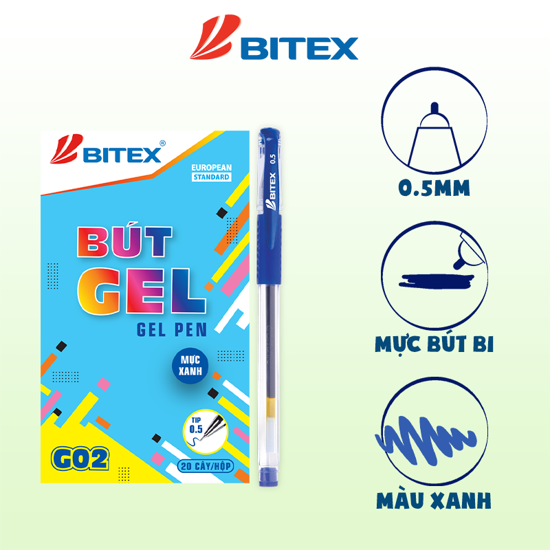 Bút gel Bitex mực xanh, đỏ, đen G02 (1 cây)