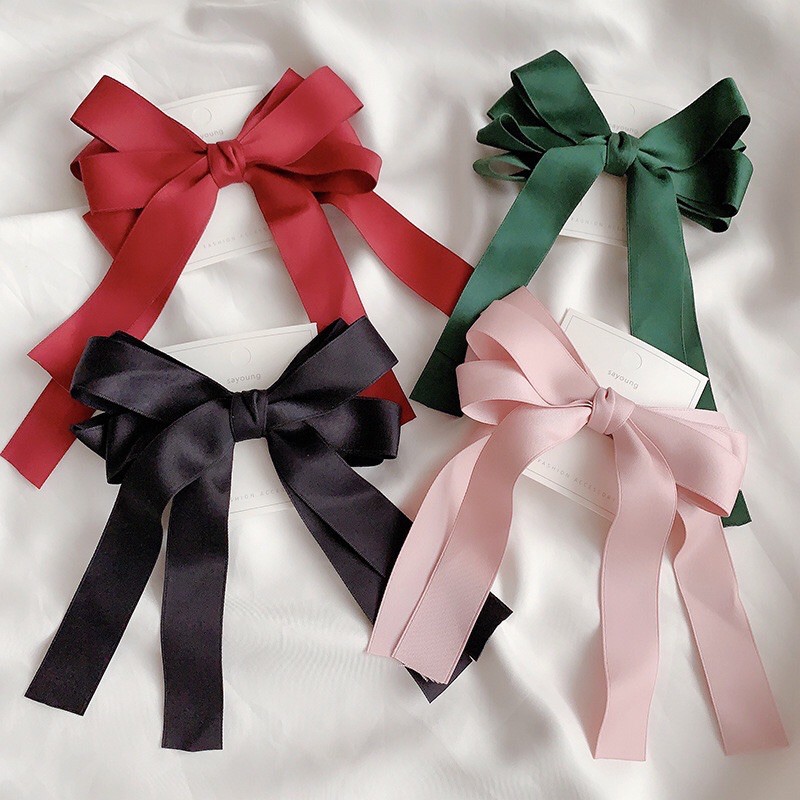 Kẹp Tóc Phối Nơ Tiểu Thư Lụa Satin Mẫu Dài Nơ Nhỏ
