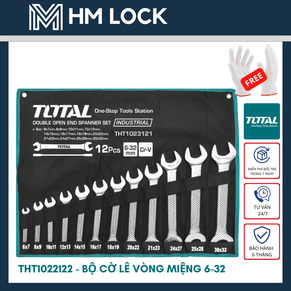 BỘ CỜ LÊ VÒNG MIỆNG 12 MÓN TOTAL - THÉP CR-V KHÔNG GỈ - BỘ CỜ LÊ SỬA XE, VẶN ỐC, THÁO ỐC - HÀNG CHÍNH HÃNG - THT1022121 - HM LOCK