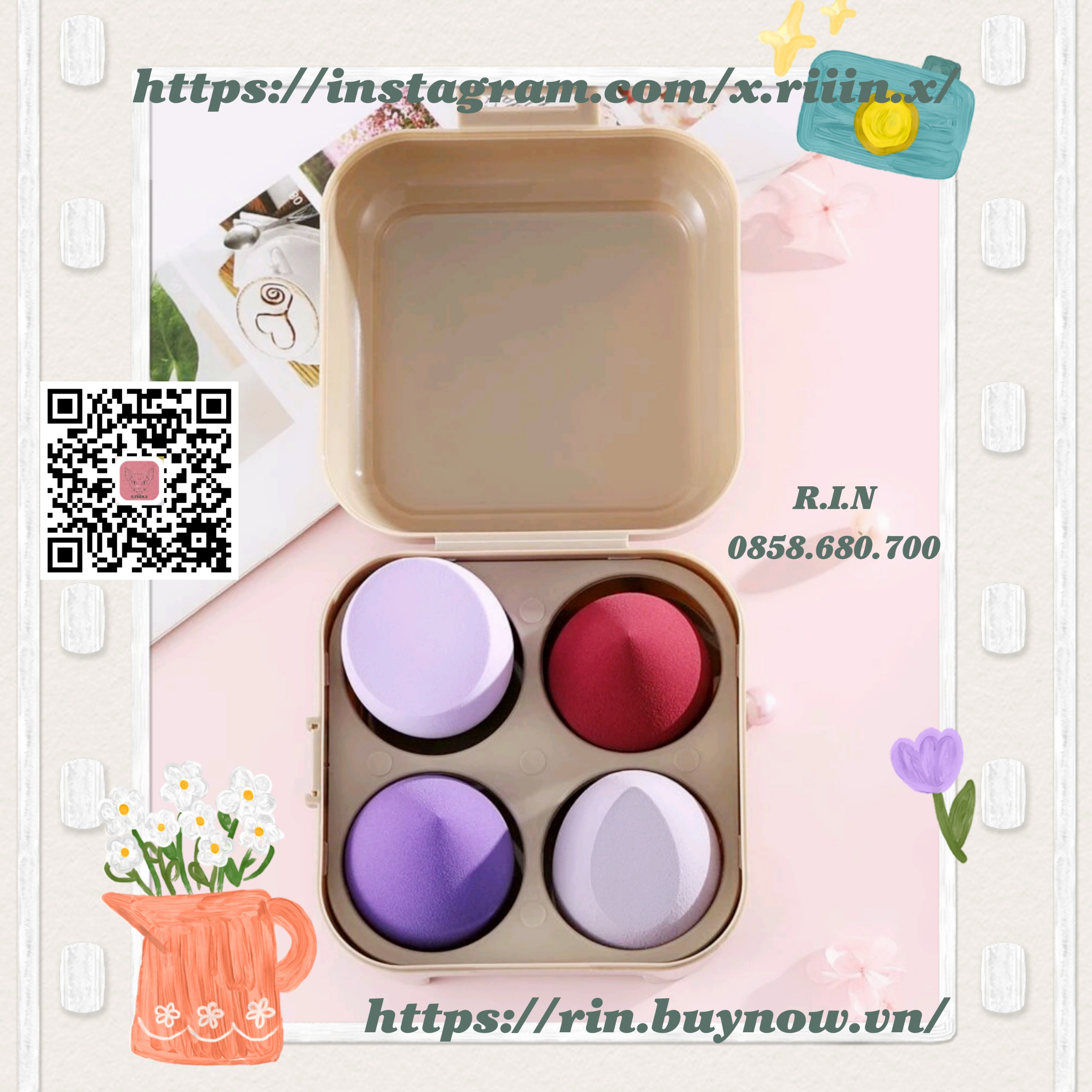 RIIIN Combo 4 bông mút trang điểm kèm hộp đựng - Milk tea