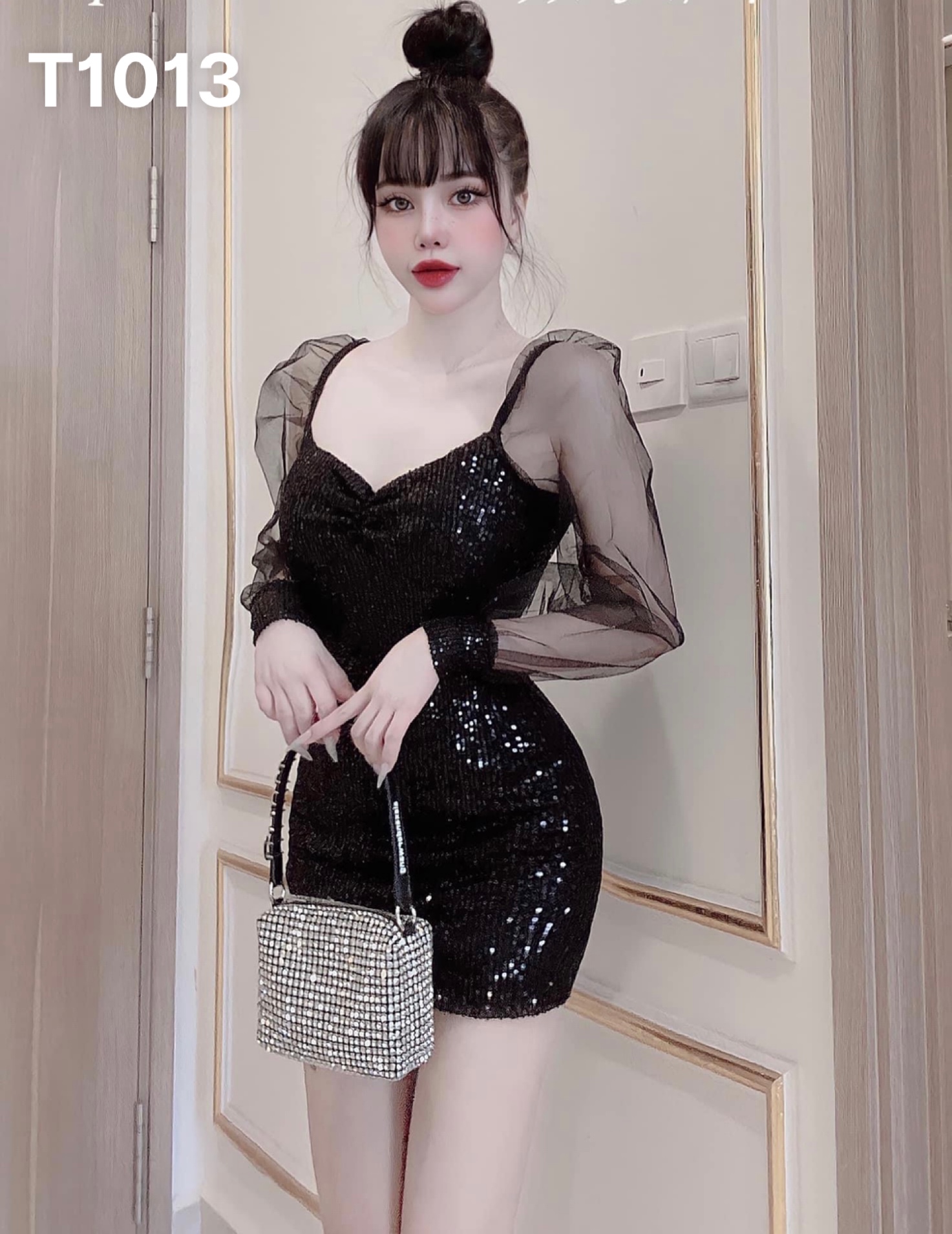 Đầm ôm body dự tiệc nữ cổ v kim sa phối tay lưới có mút T1013
