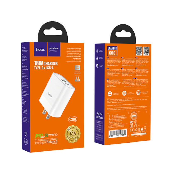 👉👉👉Chính Hãng BH 12 Tháng👈👈👈 Cốc Sạc Nhanh 2 Cổng CAO CẤP-Củ Sạc Hoco C80/C80A Sạc Nhanh 20W QC 3.0-PD