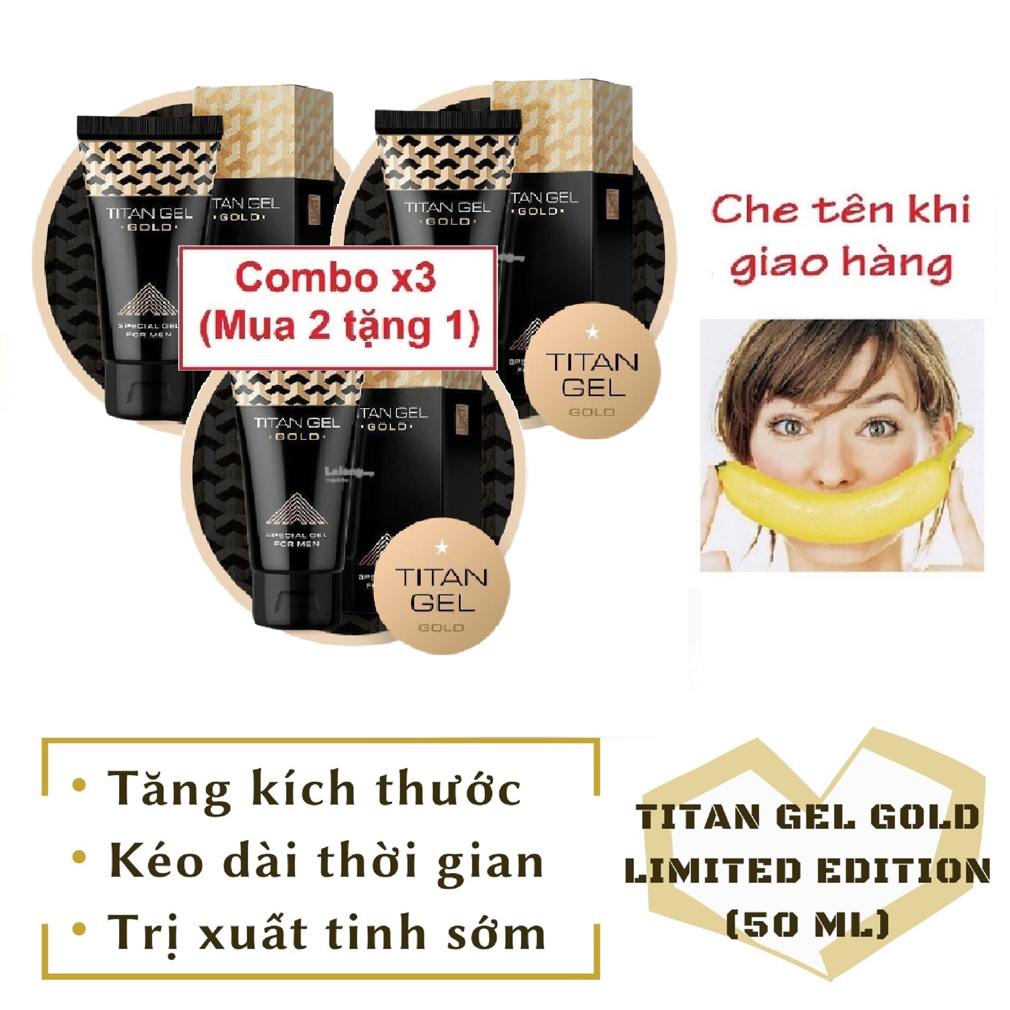 Combo x3 (Mua 2 tặng 1) (Lô mới nhất) Titan Gel Nga GOLD cao cấp phiên bản giới hạn - Gel dành cho nam - hàng chính hãng - tăng kích thước cho cậu bé (Che tên khi giao hàng)