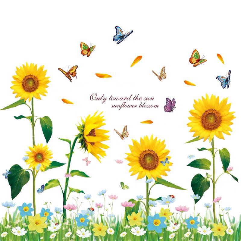 [HCM]DECAL DÁN TƯỜNG HƯỚNG DƯƠNG VÀNG VÀ CHÂN TƯỜNG HOA CỎ