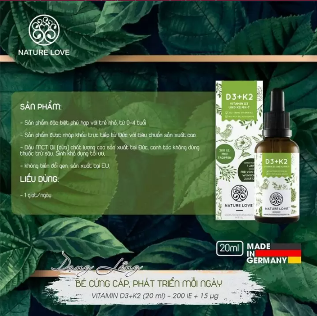 Vitamin Nature Love D3 K2 20ml, Giúp Bé Cứng Cáp Phát Triển Mỗi Ngày, Thực Phẩm Chức Năng, Nhập Đức, Hàng Chính Hãng