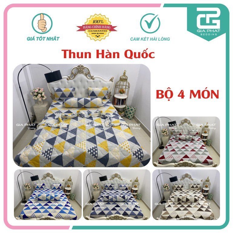 Bộ ga giường Thun Lạnh Hàn Quốc {4 món} họa tiết ( 1 ga bọc + 2 vỏ gối nằm + 1 vỏ gối ôm )