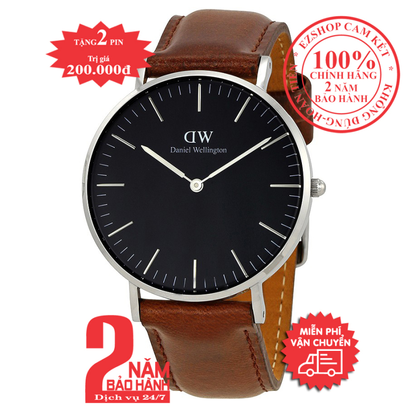 Đồng hồ nữ D.W Classic Black St Mawes, size 36mm - Màu Bạc (Silver), mặt đen, dây da màu nâu- Item no: DW00100142