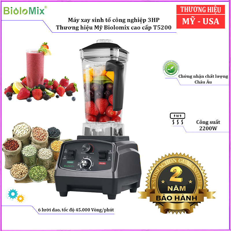 Máy xay sinh tố công nghiệp 3HP, 2 lít, 2200W Biolomix T5200 - Bảo hành 12 tháng