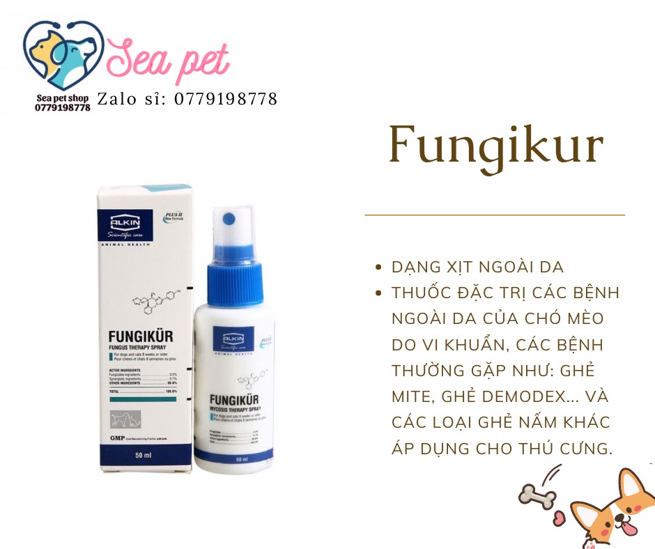 Alkin Fungikur trị nấm da viêm da, các bệnh về da cho chó mèo - Chai 50ml