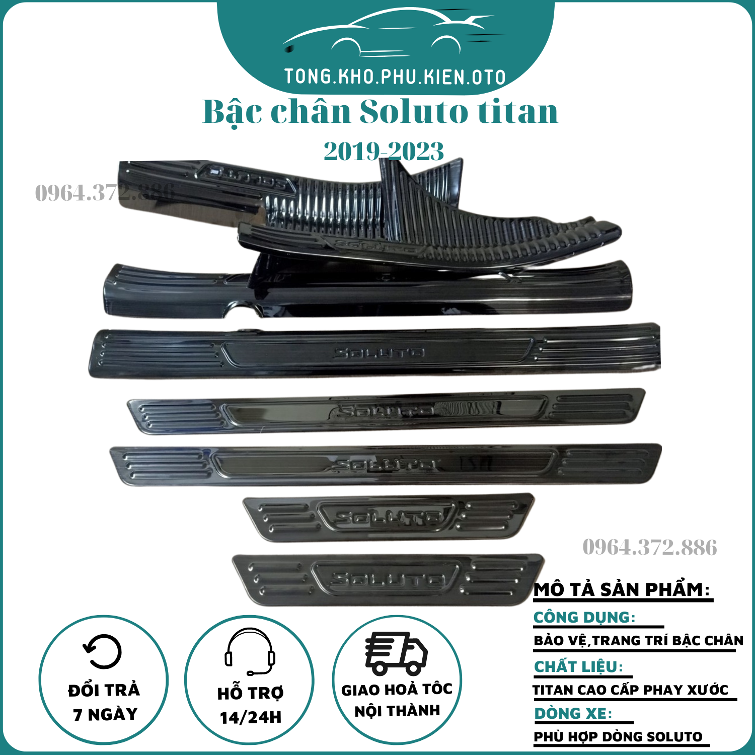Ốp bậc cửa, nẹp bước chân trong, ngoài xe Kia Soluto 2019 - 2023 titan cao cấp