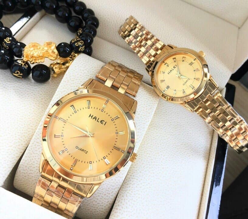 Đồng hồ đôi Nam Nữ halei dây mạ màu vàng phong cách