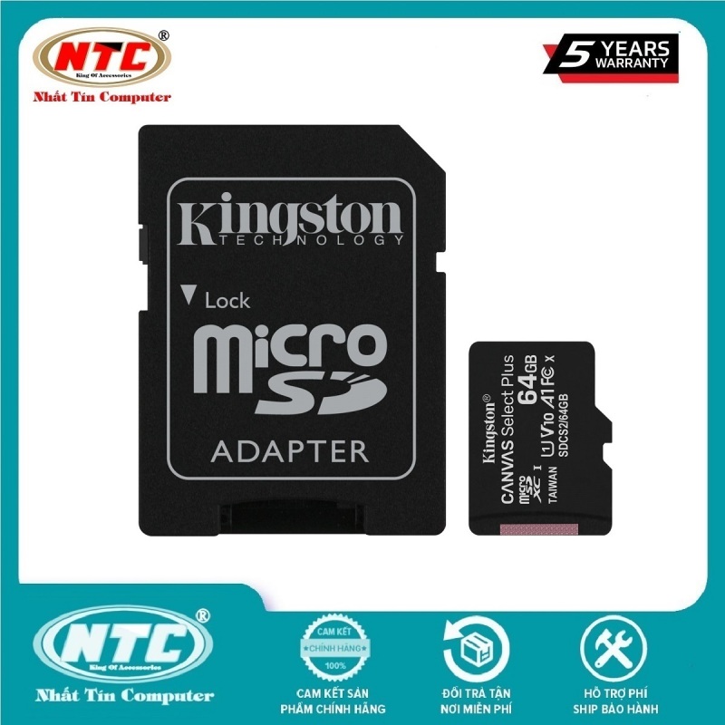 [HCM]Thẻ nhớ MicroSDXC Kingston Canvas Select Plus 64GB U1 V10 A1 100MB/s (Đen) - Kèm Adapter - Nhất Tín Computer