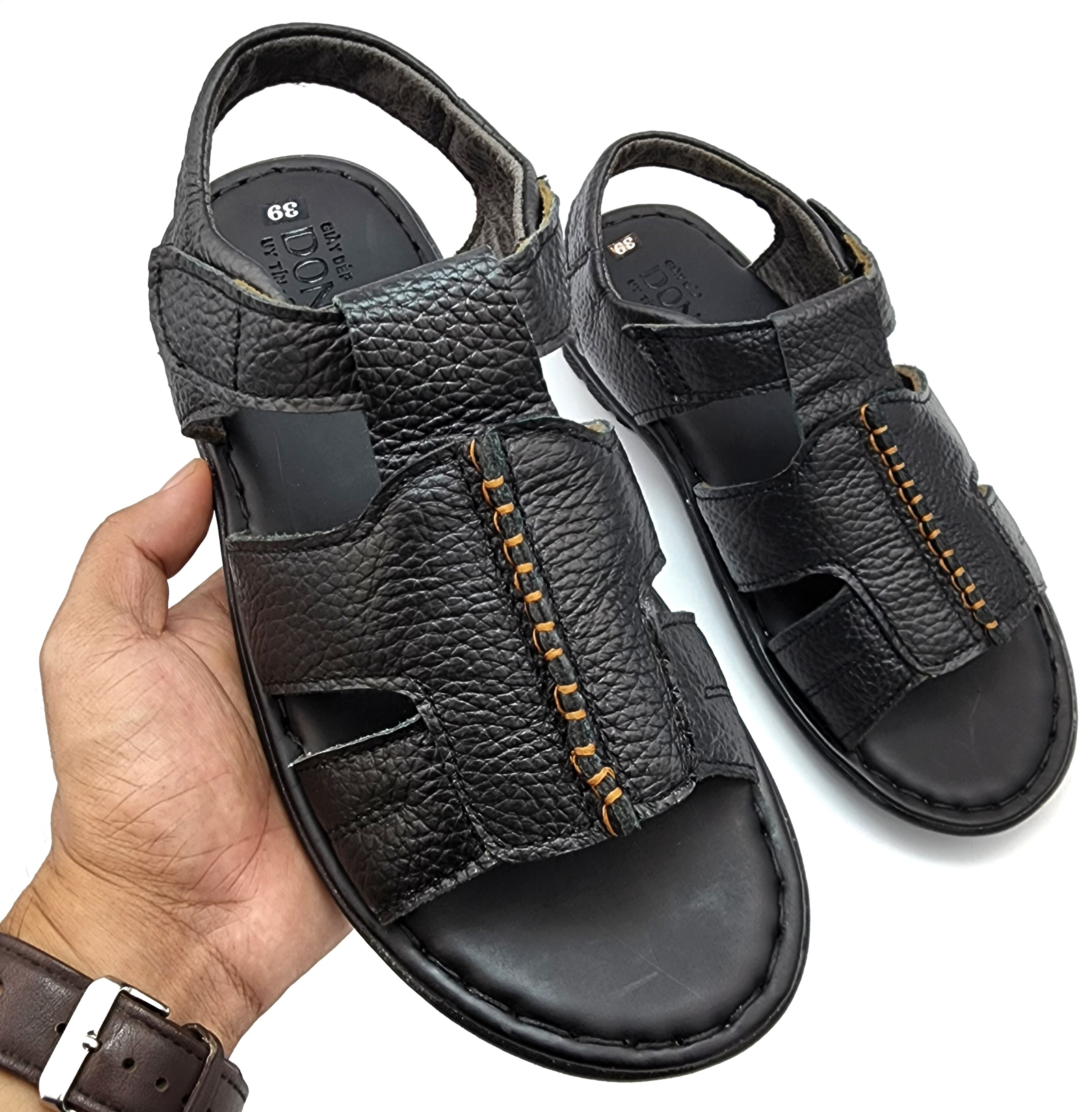 Dép sandal nam da bò thật 100% vyfashion, hàng may đế chắc chắn, dép quai hậu đế chống trơn trượt cao 03cm - vsandal