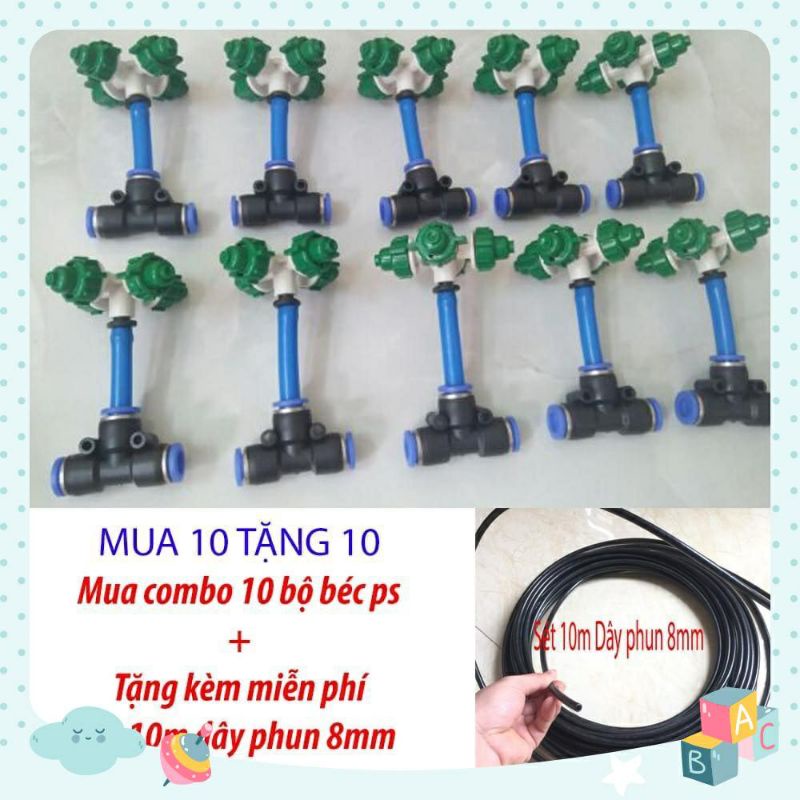 combo 10 béc bét bép 4 hướng+ 10m dây phun sương, tưới cây,  tưới lan, tưới rau