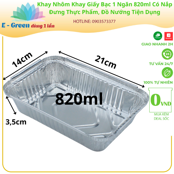 [Freeship+giảm giá 5K]Combo 10-50 Khay Nhôm, Khay Giấy bạc 1 Ngăn 820ml Có Nắp, Đựng Thực Phẩm, Đồ Nướng, Tiện Lợi-Egreendùng1lần