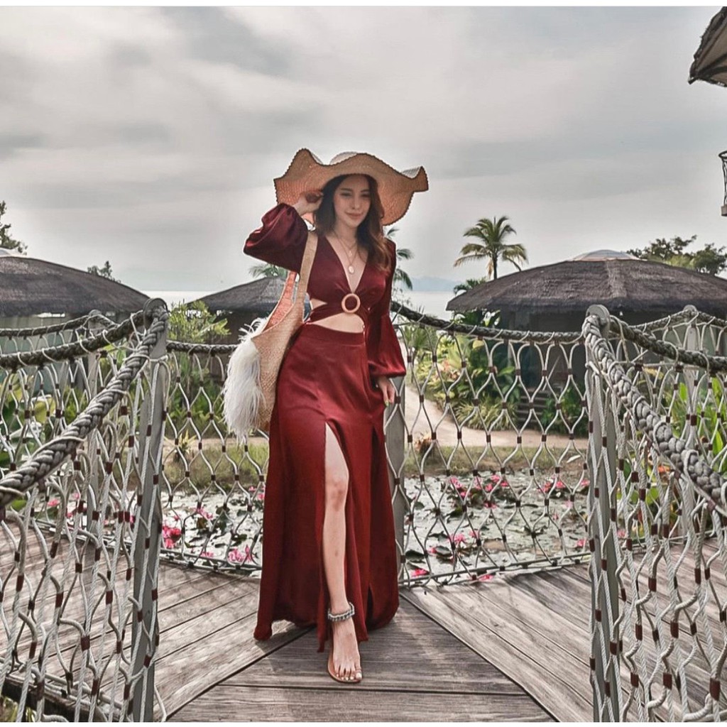 [MAXI] Sét Maxi đi biển váy maxi đỏ khoen xẻ