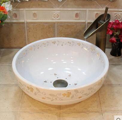 Chậu rửa lavabo gốm sứ nghệ thuật LAV0051 – Họa tiết hoa mai vàng viền cổ