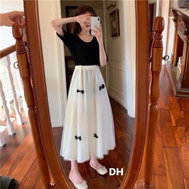 Chân Váy  Lưới Dài Phối  Nơ Đen  Siêu Xinh