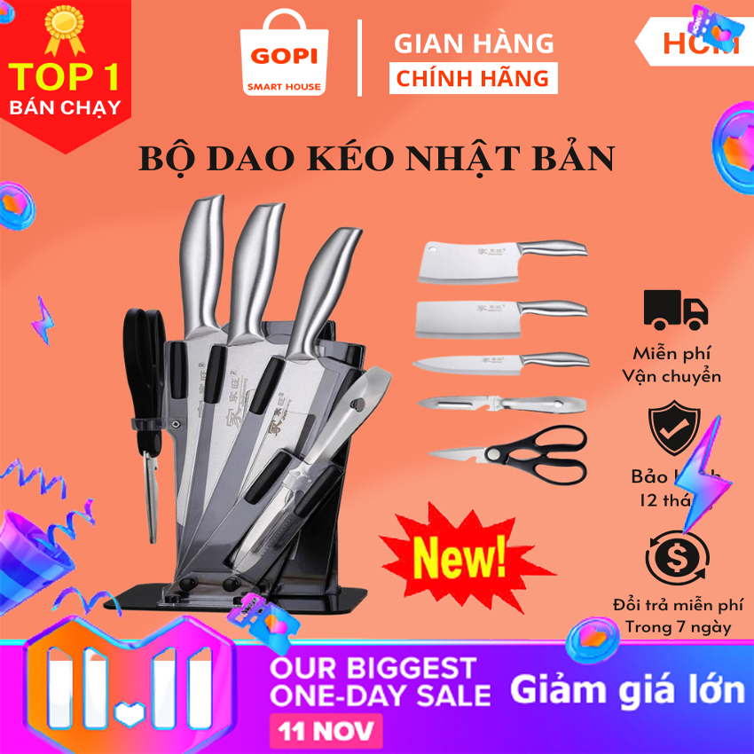 Bộ dao 5 món cao cấp nhật bản seki . bộ dao nhà bếp 5 món bộ dao đa năng 5 món hàng chính hãng . có giá để giao bằng nhựa. dao chặt xương thái thịt gọt hoa quả kéo dụng cụ mài dao