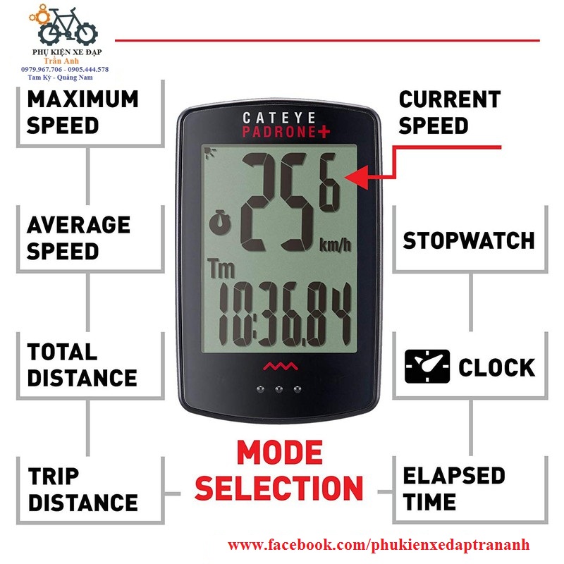 Đồng Hồ Đo Tốc Độ Xe Đạp Không Dây CATEYE PADRONE+ CC-PA110W (CÓ ĐÈN NỀN)