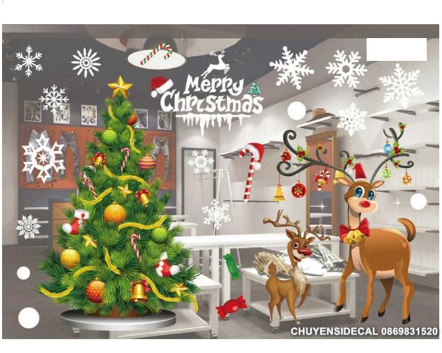 Decal trang trí Noel Hít Tĩnh Điện - Cây Thông kết hợp Tuần Lộc xinh