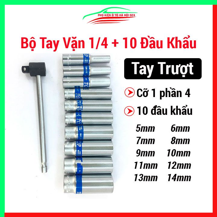 Combo 10 đầu khẩu vặn ốc kèm tay trượt cỡ 1 phần 4 TOP loại đẹp từ 5-14mm