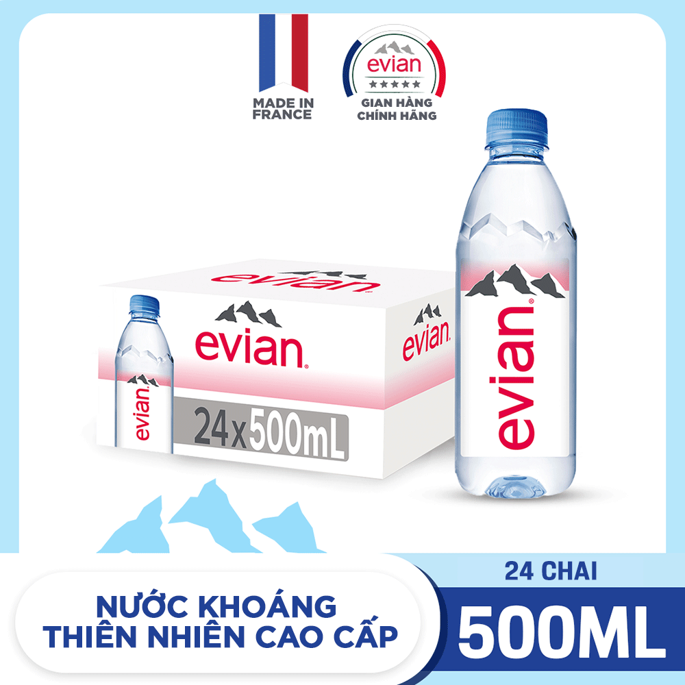 Nước nước khoáng thiên nhiên không gas cao cấp Evian 500ml Thùng 24 chai