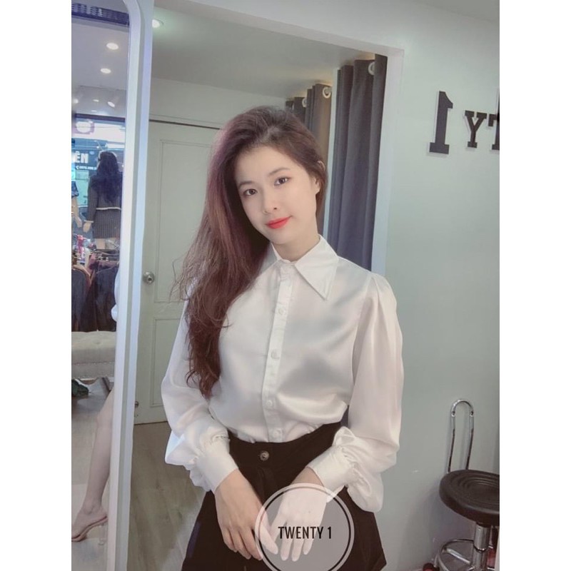 Áo sơ mi LỤA trắng TAY BỒNG cổ đức siêu yêu,. siêu dễ mặc